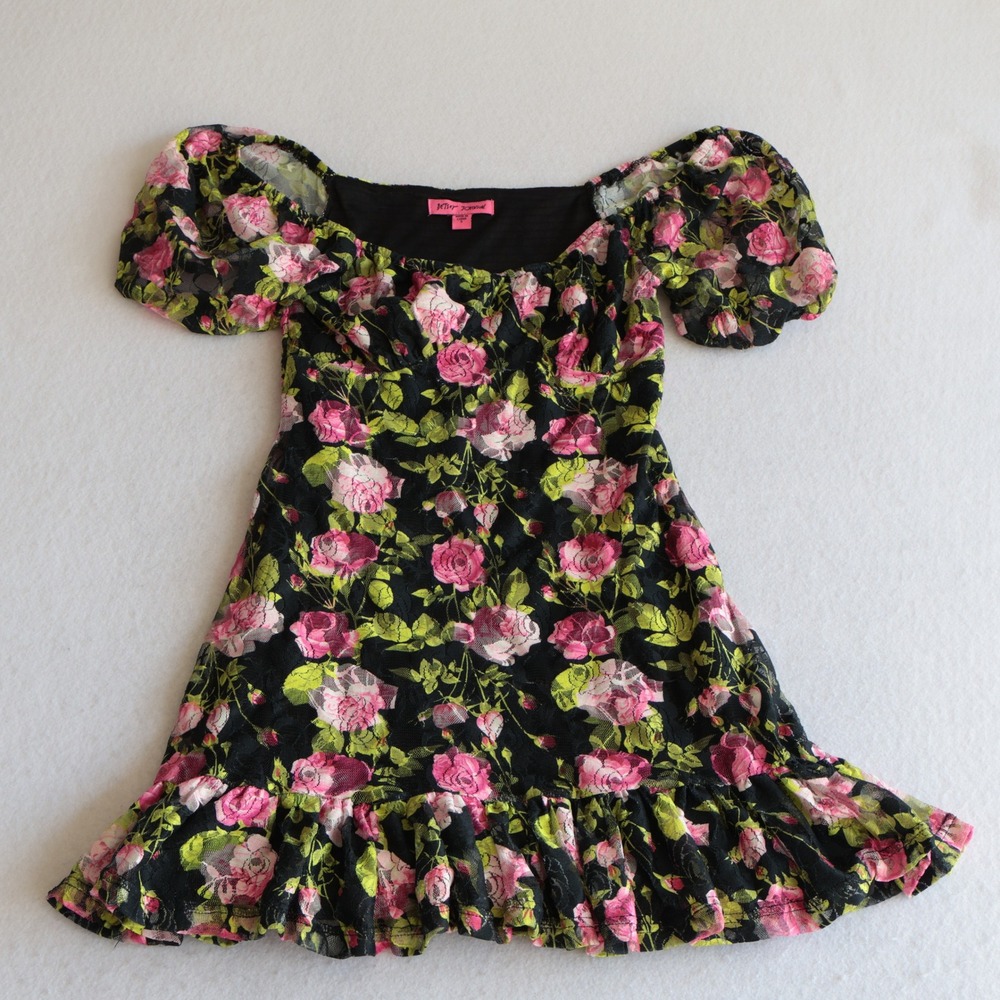 Betsey Johnson Pink Floral Lace Mini Dress Black Ruffle Milkmaid JN108350 Small - Picture 2 of 11